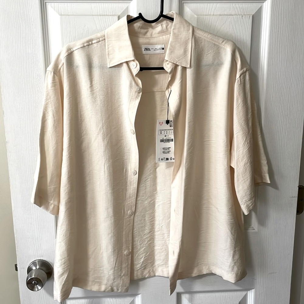 Zara Cream Short-Sleeve Swim Coverup Shirt